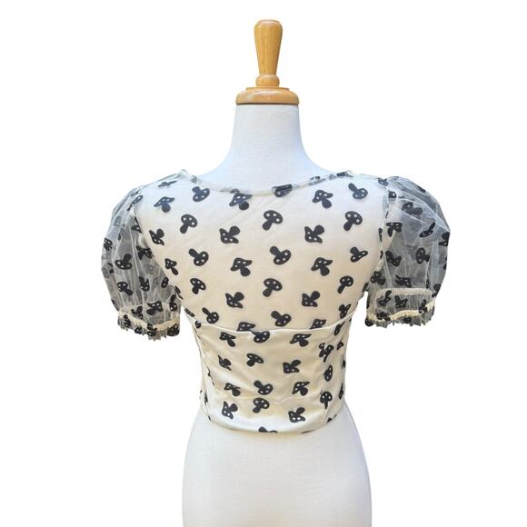 Hot Topic Shirt Md Cream Glitter Mushrooms Cropped Sheer Puff Sleeve Whimsigoth - Picture 4 of 9